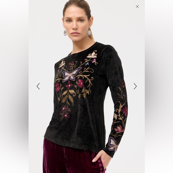 Johnny Was Carminia Bounce Velour Mock Neck Top Black Embroidered Size Small NWT